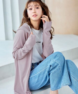 Tiaclasse 【洗える】UVケア機能付きサマーニットロングジップパーカー ピンクモカ