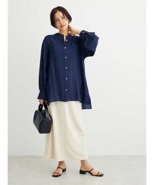 Green Parks バンドカラーポケット付きシアーシャツ Dark Navy