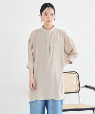 earth music&ecology スタンドカラーオーバーチュニックシャツ Beige