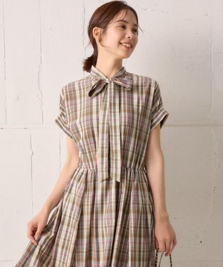 組曲 【リボンタイ付き】シアーツイルチェック ワンピース ベージュ系3