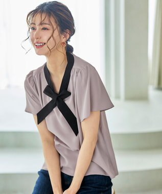 Tiaclasse 【洗える】配色リボンタイブラウス グレージュ