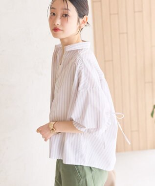 AMERICAN HOLIC 接触冷感ギャザーリボンスリーブ半袖シャツ Stripe Ivory