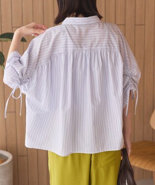 AMERICAN HOLIC 接触冷感ギャザーリボンスリーブ半袖シャツ Stripe Sax