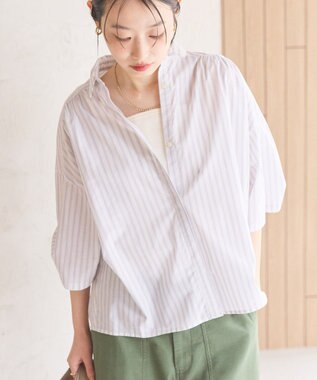 AMERICAN HOLIC 接触冷感ギャザーリボンスリーブ半袖シャツ Stripe Ivory