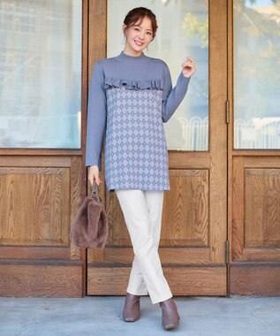 Tiaclasse アーガイルジャガードフリルチュニック ブルー