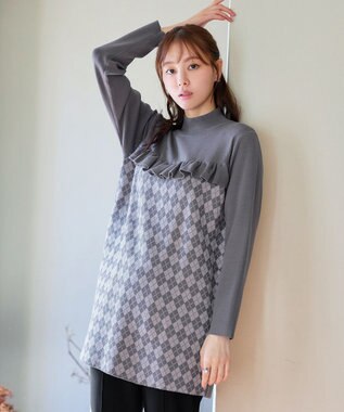 Tiaclasse アーガイルジャガードフリルチュニック チャコールグレー