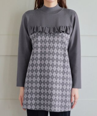Tiaclasse アーガイルジャガードフリルチュニック チャコールグレー