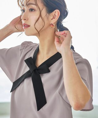 Tiaclasse 【洗える】配色リボンタイブラウス グレージュ