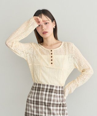 earth music&ecology フロントボタンレースプルオーバー Ivory