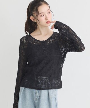 earth music&ecology フロントボタンレースプルオーバー Black