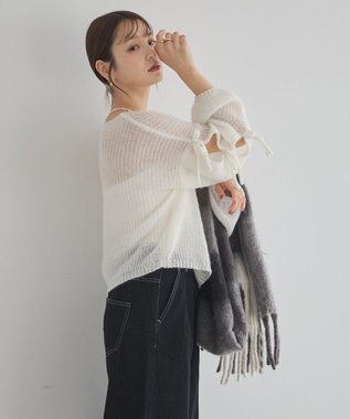 earth music&ecology サイドリボン透かしニットプルオーバー Off White