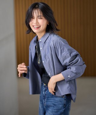 ANY 【手洗い可能/抗菌防臭/速乾/UVカット】ショート丈シャツ ネイビーストライプ