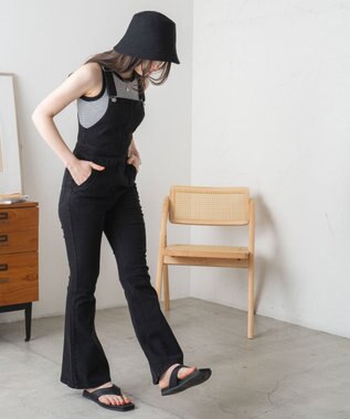 WEGO ハイウエストストレッチフレアデニムサロペット ブラック