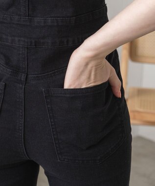 WEGO ハイウエストストレッチフレアデニムサロペット ブラック