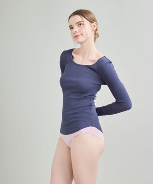 une nana cool 綿100%生地使用 リブ編みコットン 長袖シャツ ダークネイビー