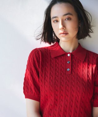 組曲 L ポロ襟 ニットプルオーバー レッド系