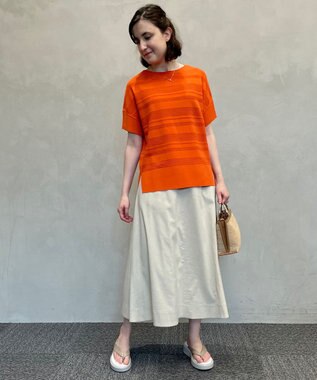 自由区 L 【洗える】クレープストレッチボーダー ニット オレンジ系