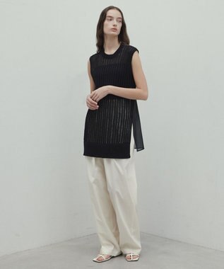 BEIGE， 【洗える】ALOE / コットンメッシュオーガンジーノースリーブニット Black