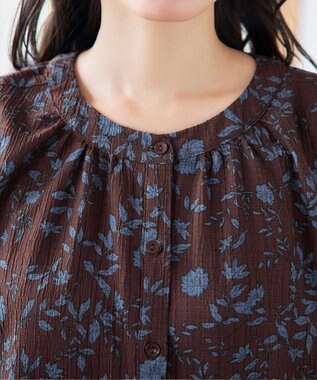 Tiaclasse L ボタニカル柄シャツワンピース ブラウン