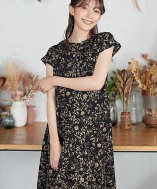 Tiaclasse L ボタニカル柄シャツワンピース ブラック