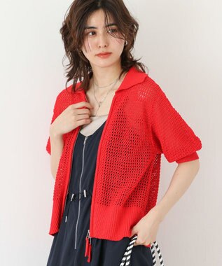 Green Parks 襟付きメッシュ編みＺＩＰカーディガン Red