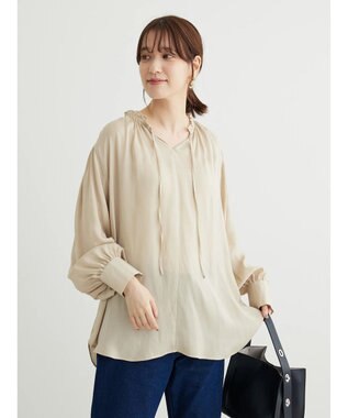 Green Parks とろみ衿フリルブラウス Gray Beige