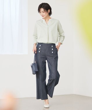 J.PRESS LADIES 【洗える】セルロースシャンブレー セミワイド マリン パンツ ネイビー系