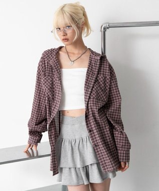 WEGO フードチェックBIGシャツ ピンク