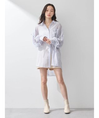 earth music&ecology 袖スリットリボンロングシャツ Navy