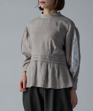 muuc 〈高品質ベルギーリネン100%〉〈通年着られる〉カットジャカード生地デザイン袖 クラシカルシルエットのブラウス ベージュグレー