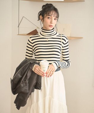 WEGO 【手洗い可】タートルネックニット ホワイトボーダー