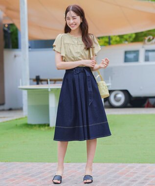 Tiaclasse 【洗える】デニムタックフレアスカート ネイビー