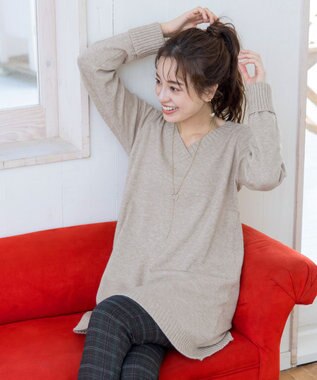 Tiaclasse L 【洗える】Vネックリブニットチュニック ベージュ