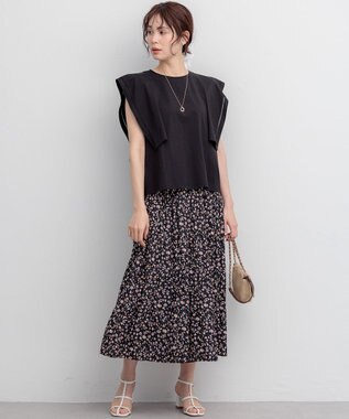 組曲 ギャザーライトデシン パンツ ブラック×ピンクフラワー系