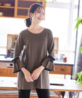 Tiaclasse L 【洗える】ミラノリブ編みのフレア袖ニットチュニック モカブラック