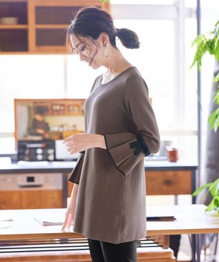 Tiaclasse L 【洗える】ミラノリブ編みのフレア袖ニットチュニック モカブラック