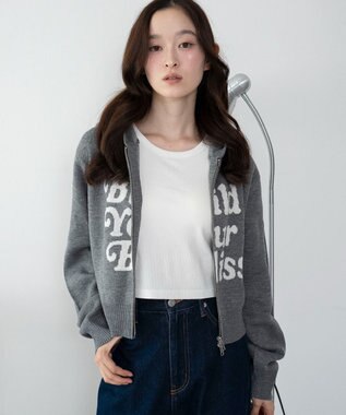 WEGO グラフィックジャガードニットZIPパーカー グレー