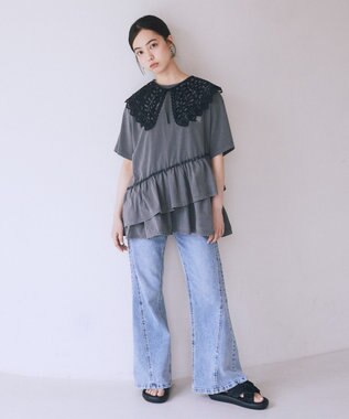 earth music&ecology 異素材ドッキンググラフィックTシャツ Charcoal Gray