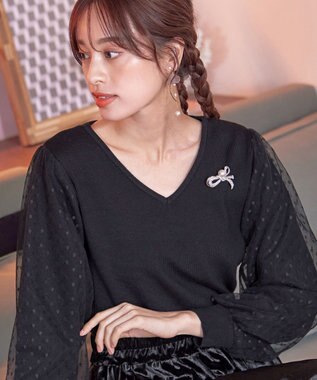 Tiaclasse 【洗える】ドットチュールコンビニットトップス ブラック