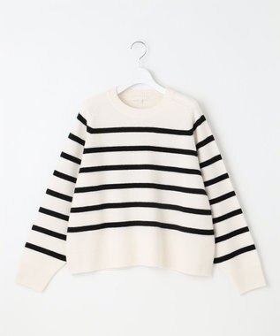 自由区 【洗える】ウールカシミヤブレンドボーダークルーネック ニット オフ×ブラックボーダー
