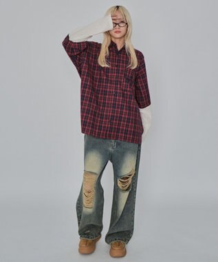 WEGO 【ユニセックス着用ITEM/MLサイズ展開】チェックレイヤードシャツ（LS） レッドチェック1