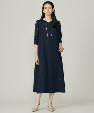 自由区 L 【17号サイズまで展開】フラワーレースダブルクロス ワンピース ネイビー