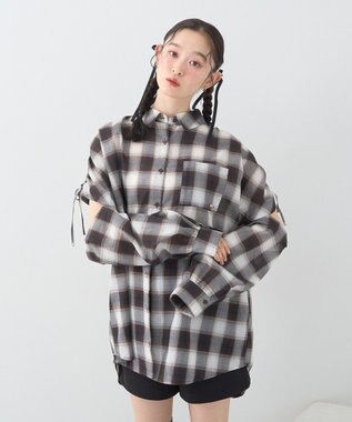 earth music&ecology 【2WAY】２ｗａｙショルダードロストリボンチェックシャツ Brown