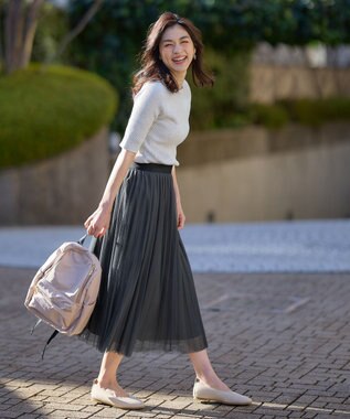 ANY 【ウエストゴム】プリーツチュールスカート チャコール