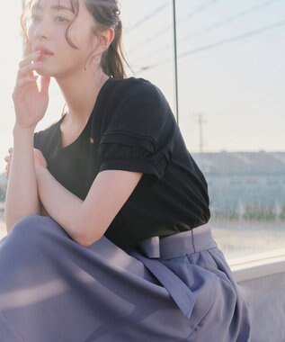 Tiaclasse L 【洗える】リボン付きフレアスカート ブルー