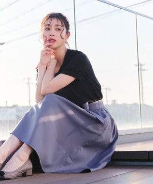 Tiaclasse L 【洗える】リボン付きフレアスカート ブルー