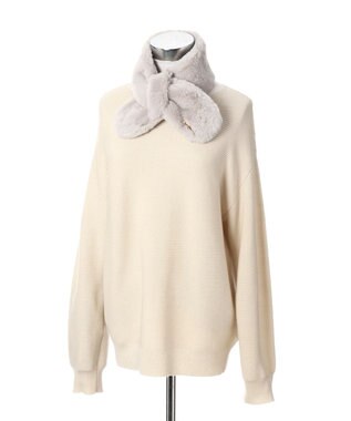 MOONBAT FURLA ファーティペット 差し込み ロゴプレート付 フェイクファーマフラー ライトグレー