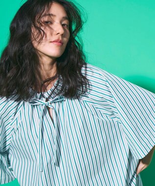 UNFILO フリルネック ブラウス グリーンストライプ