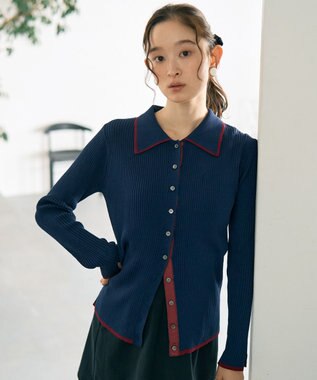 earth music&ecology バイカラートリムロングニットカーディガン