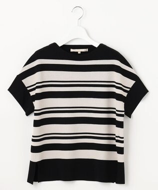 自由区 【洗える】クレープストレッチボーダー ニット ライトトープ系1